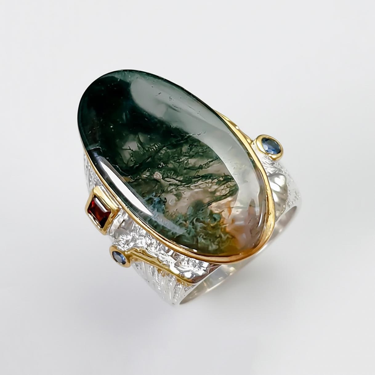 925 Sterling Silver Moss Agate Wide Band Ring