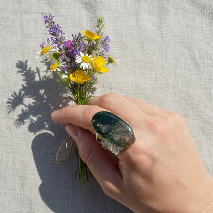 925 Sterling Silver Moss Agate Wide Band Ring
