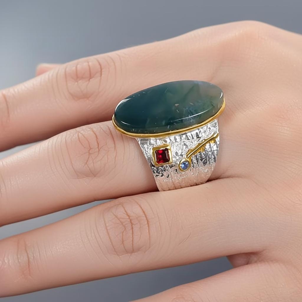 925 Sterling Silver Moss Agate Wide Band Ring