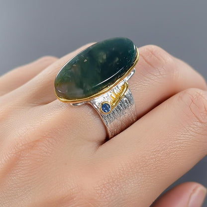 925 Sterling Silver Moss Agate Wide Band Ring