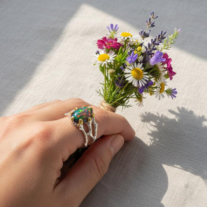 925 Sterling Silver Black Opal Branch Ring
