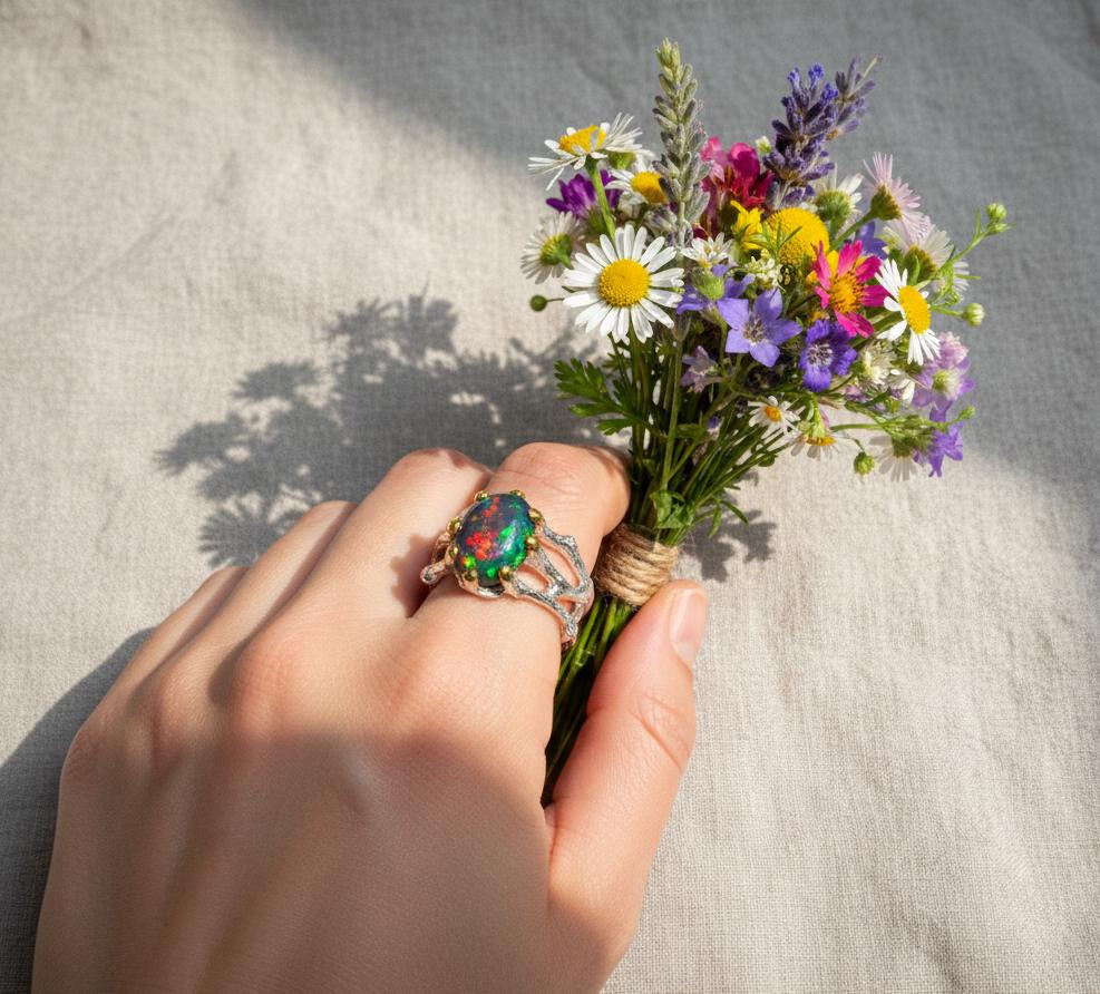 925 Sterling Silver Black Opal Branch Ring