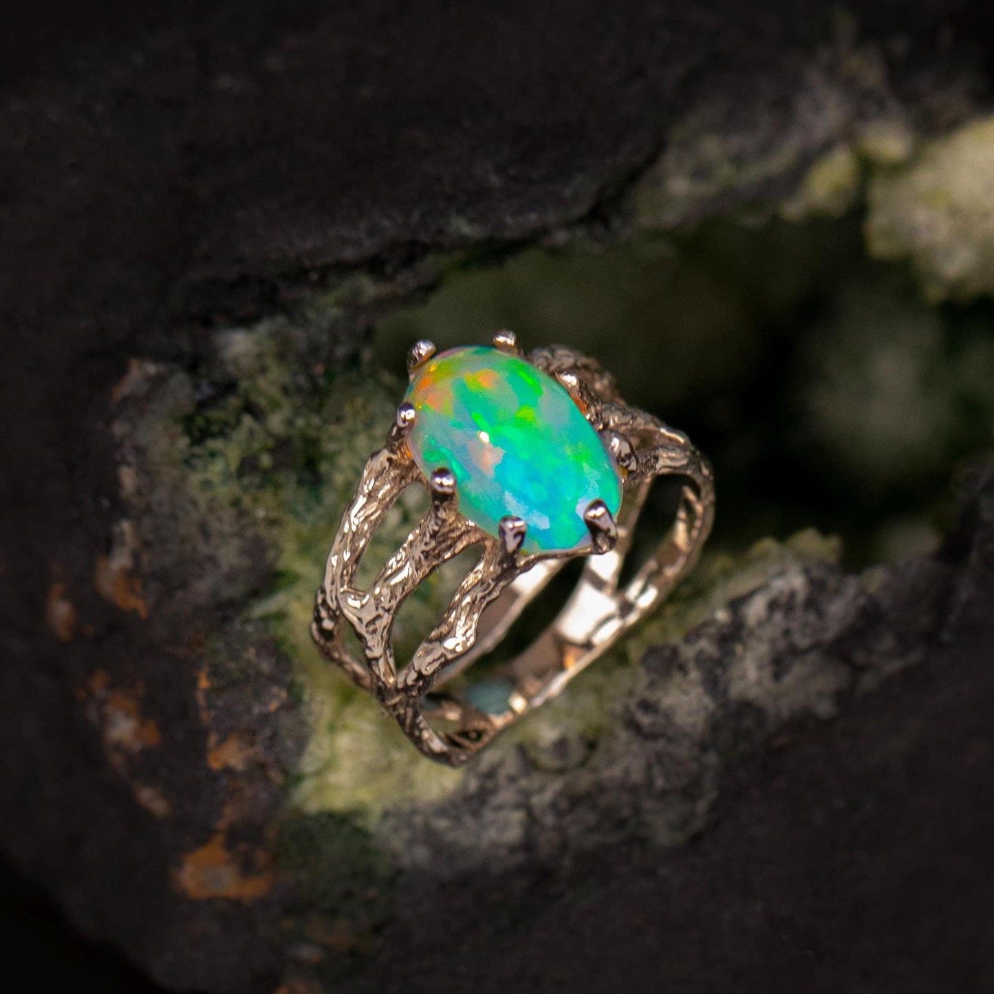 925 Sterling Silver Black Opal Branch Ring