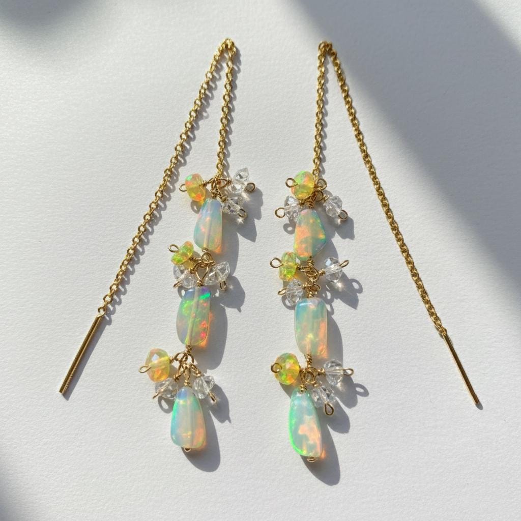925 Sterling Silver Rainbow Opal Gold Earrings