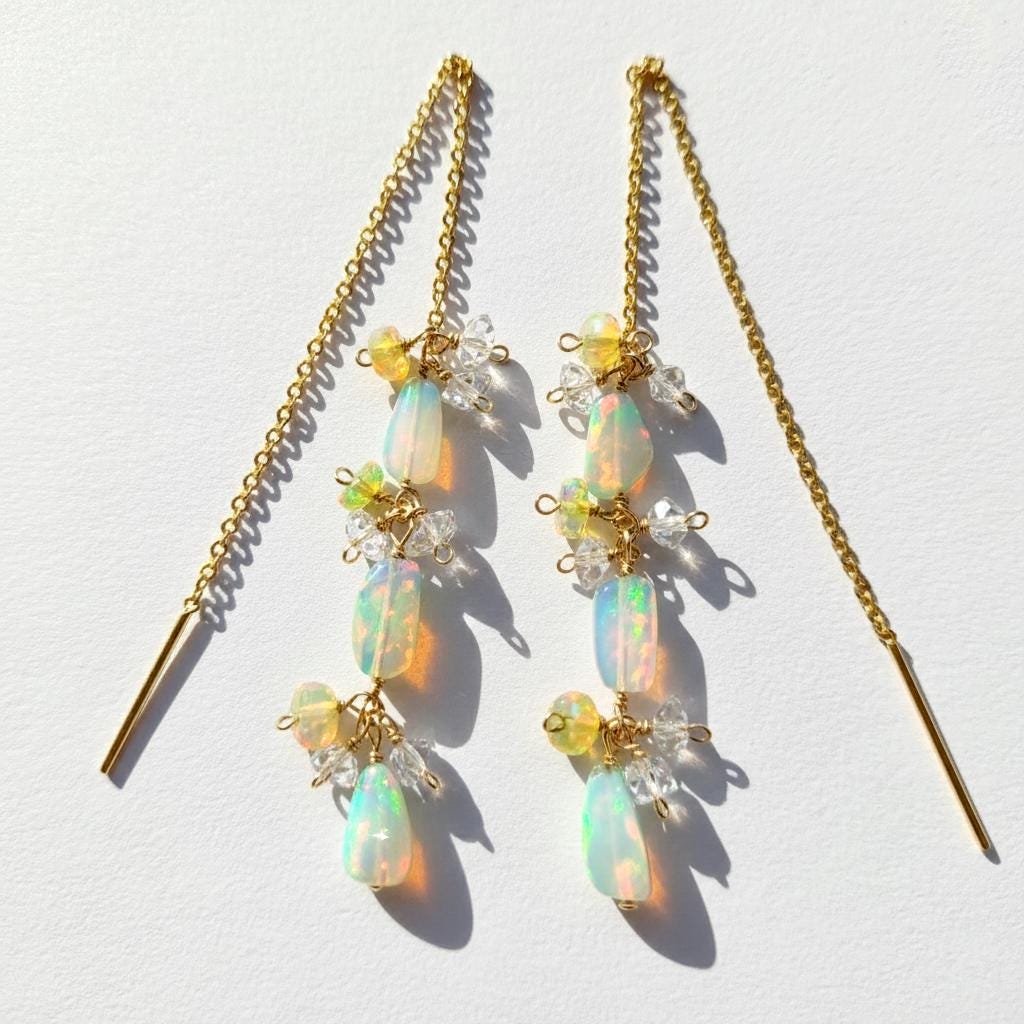 925 Sterling Silver Rainbow Opal Gold Earrings