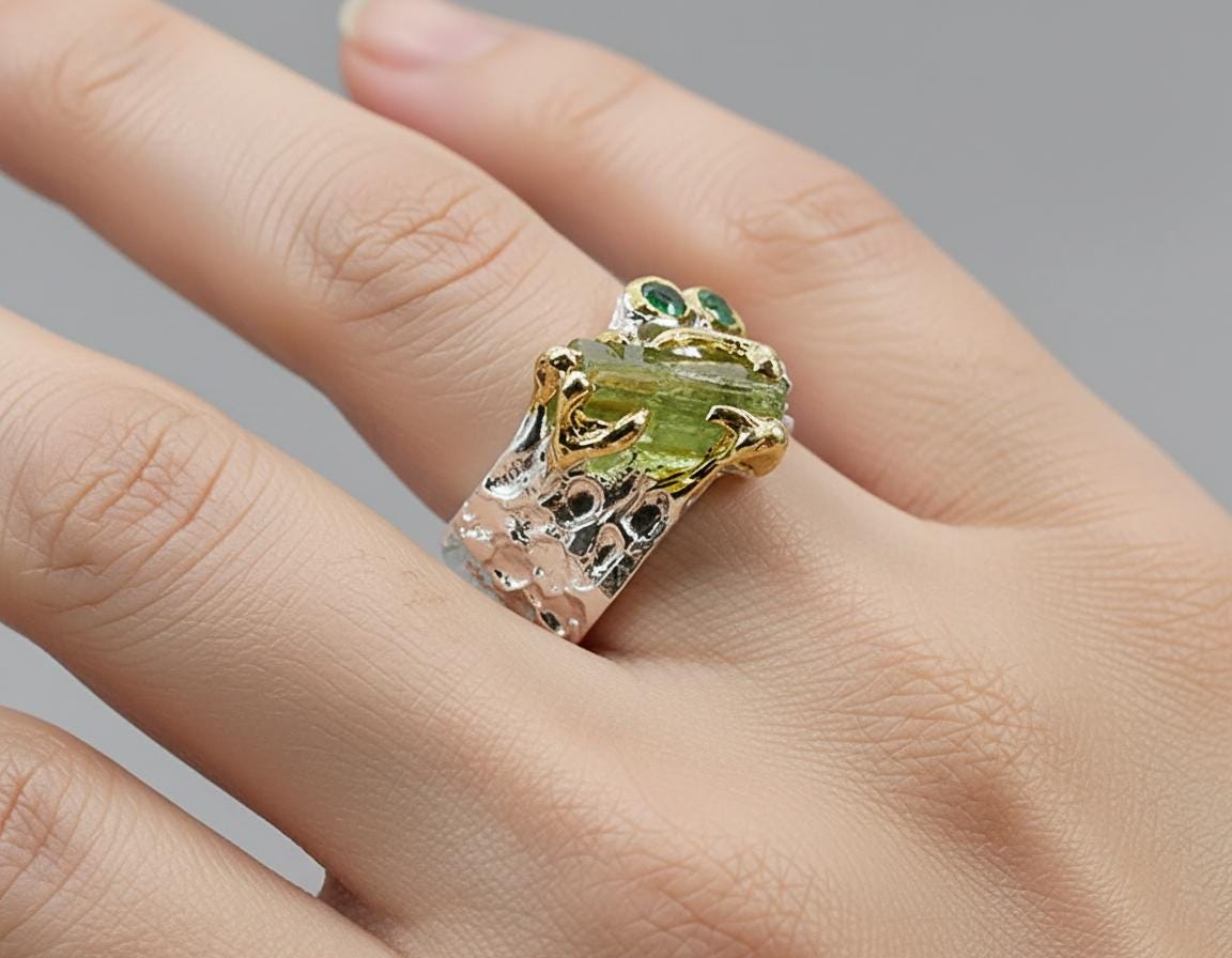 925 sterling silver raw green tourmaline ring
