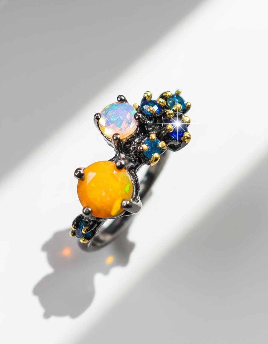 925 Sterling Silver Opal Gemstone Cluster Ring