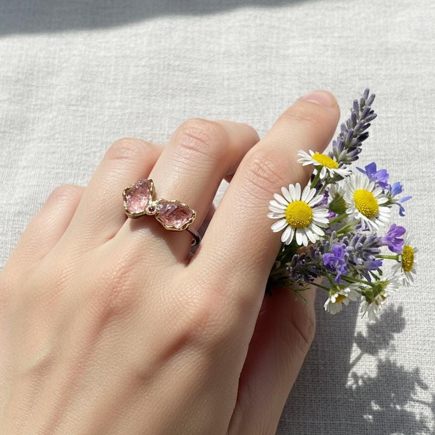 925 Sterling Silver Raw Tourmaline Ring, close-up detail