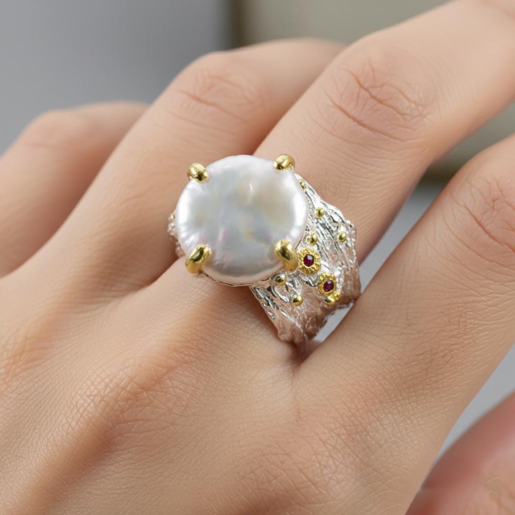 925 Sterling Silver Baroque Pearl Wide Ring