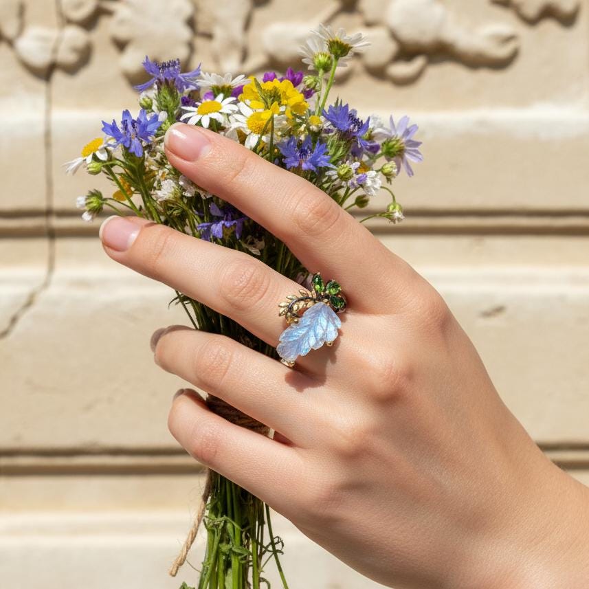 925 Sterling Silver Rainbow Moonstone Leaf Ring