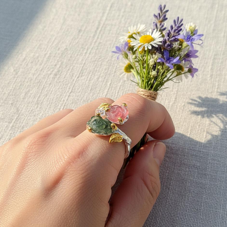 925 Sterling Silver Pink Green Tourmaline Ring, band detail