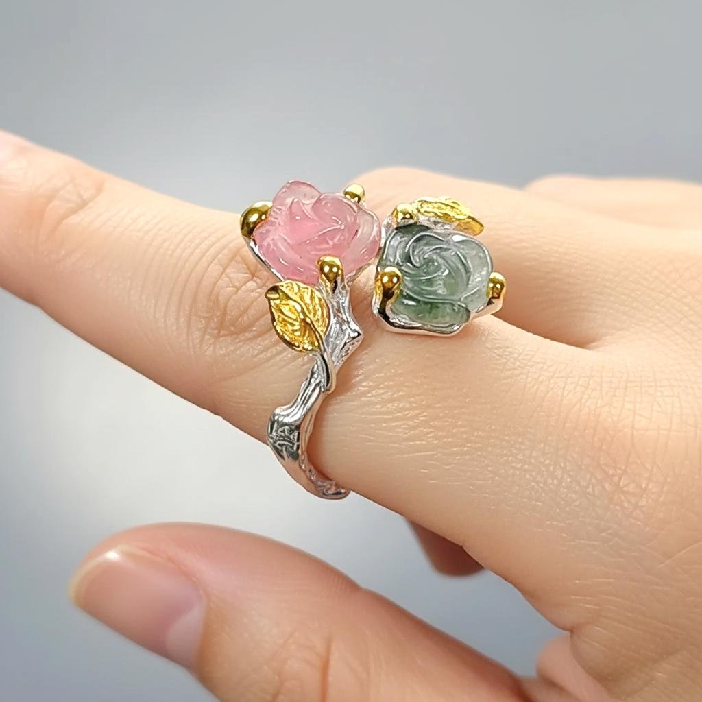 925 Sterling Silver Pink Green Tourmaline Ring, worn look