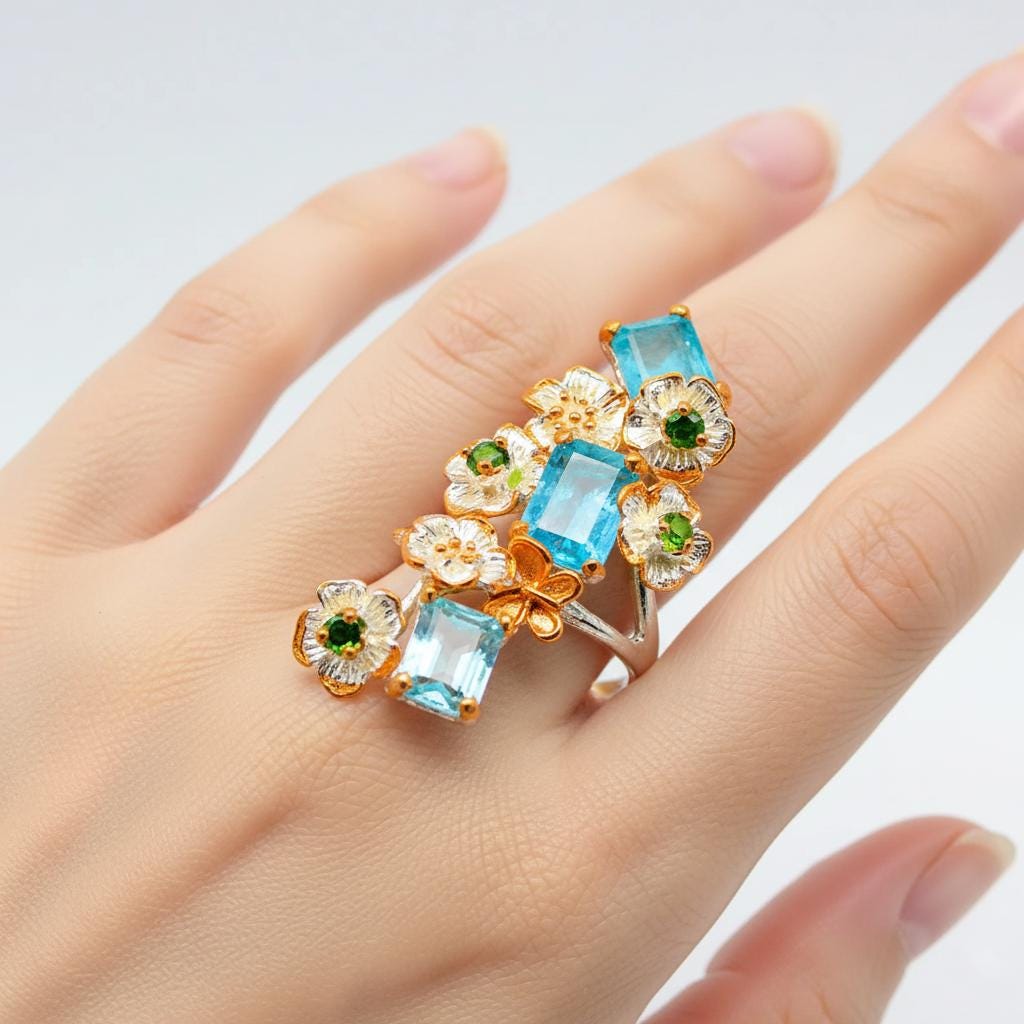 925 Sterling Silver Blue Apatite Chunky Ring