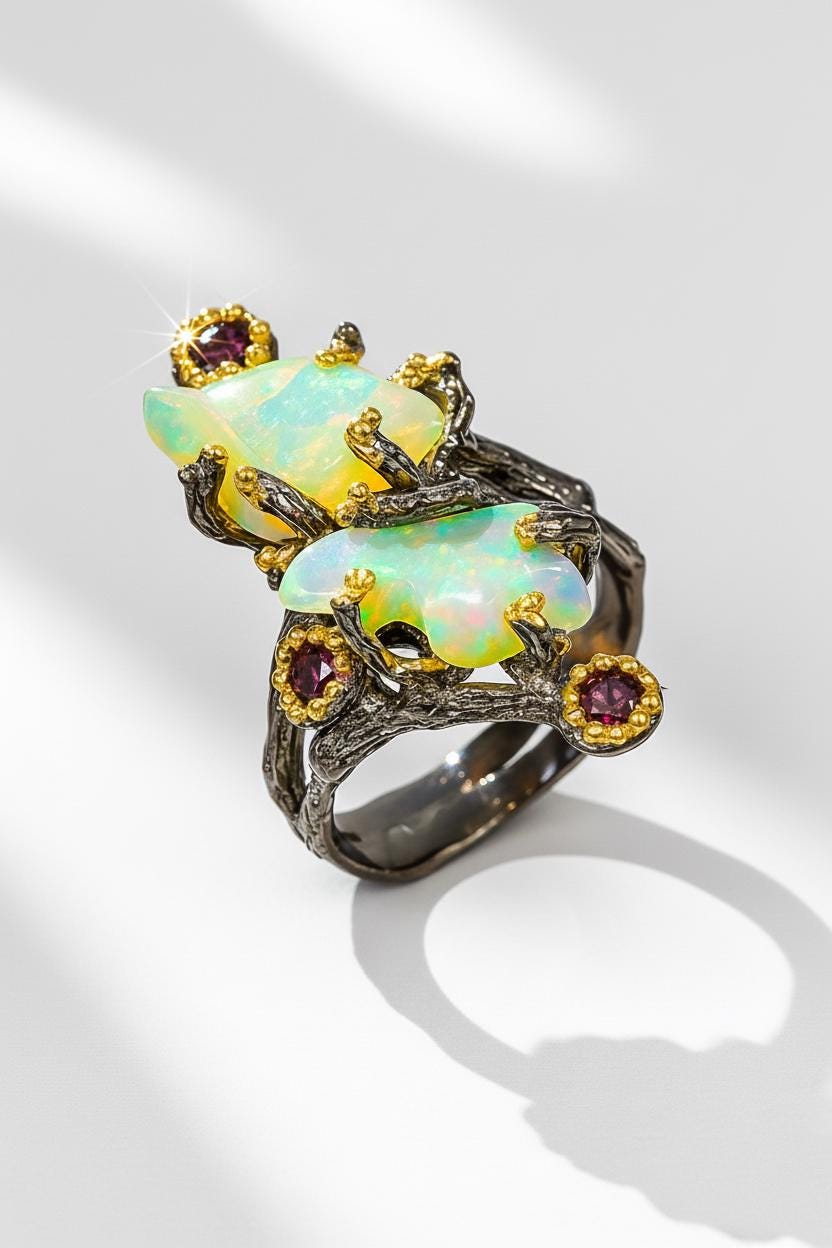 925 Sterling Silver Raw Fire Opal Branch Ring