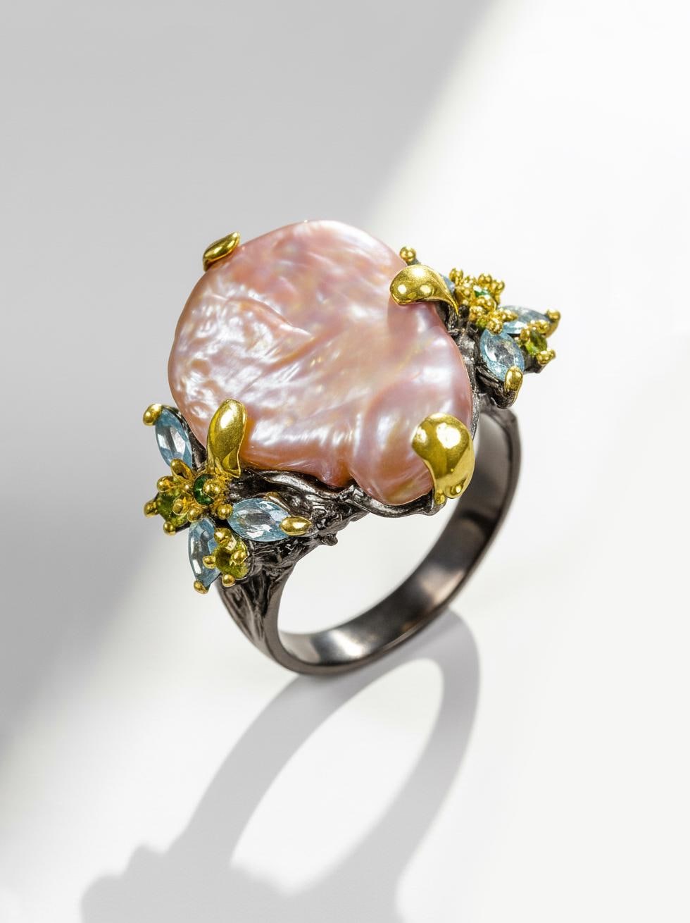 925 Sterling Silver Peach Pearl Ring, band detail