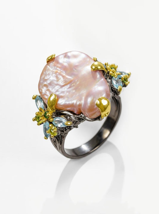 925 Sterling Silver Peach Baroque Pearl Ring