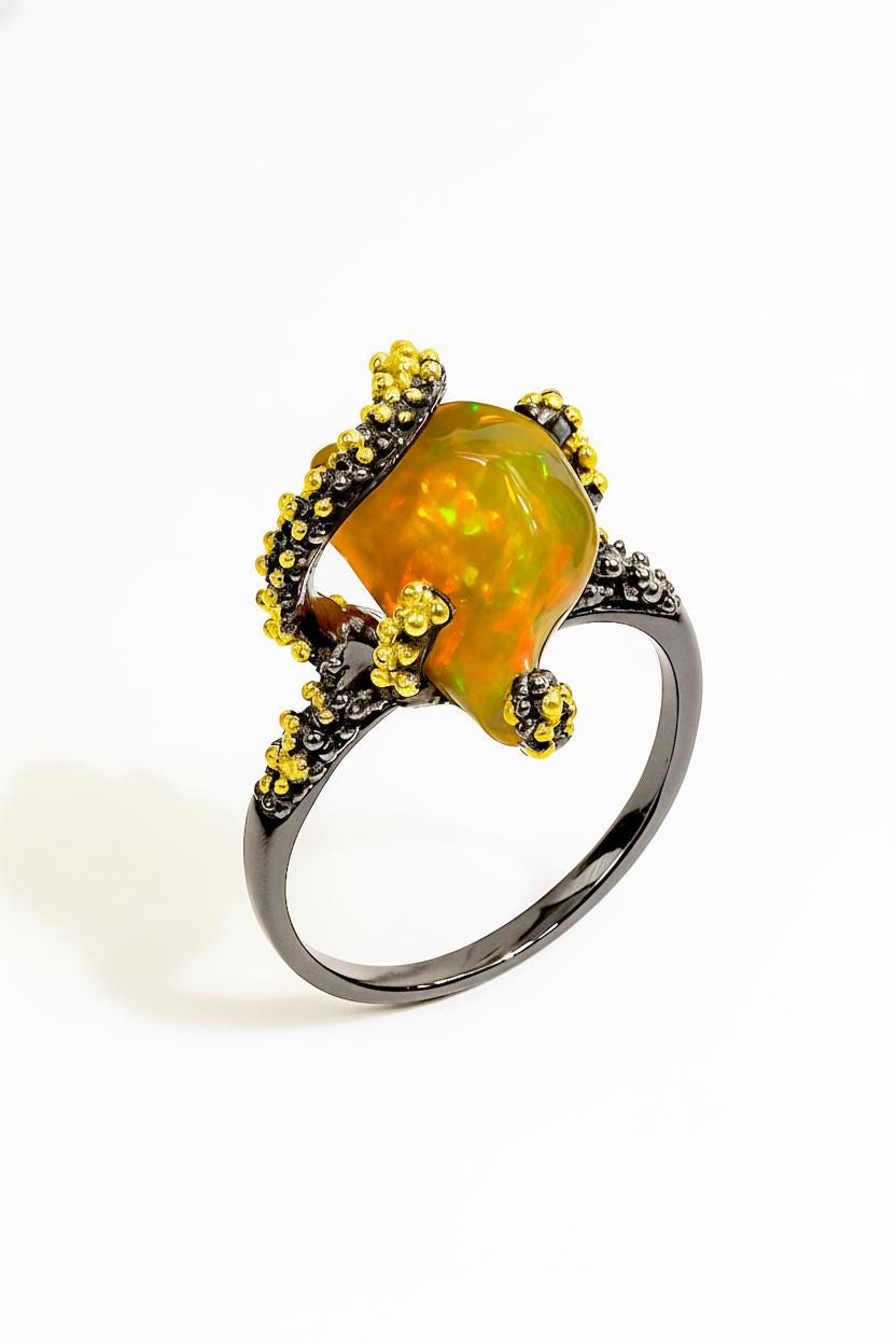925 Sterling Silver Raw Fire Opal Octopus Ring
