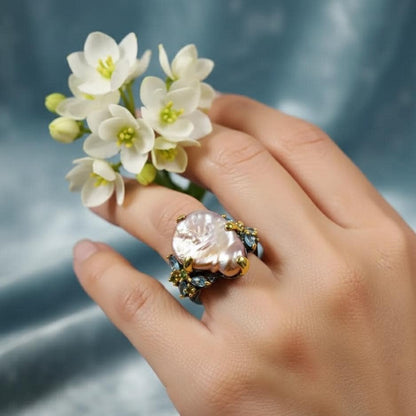 925 Sterling Silver Peach Pearl Ring, close-up detail