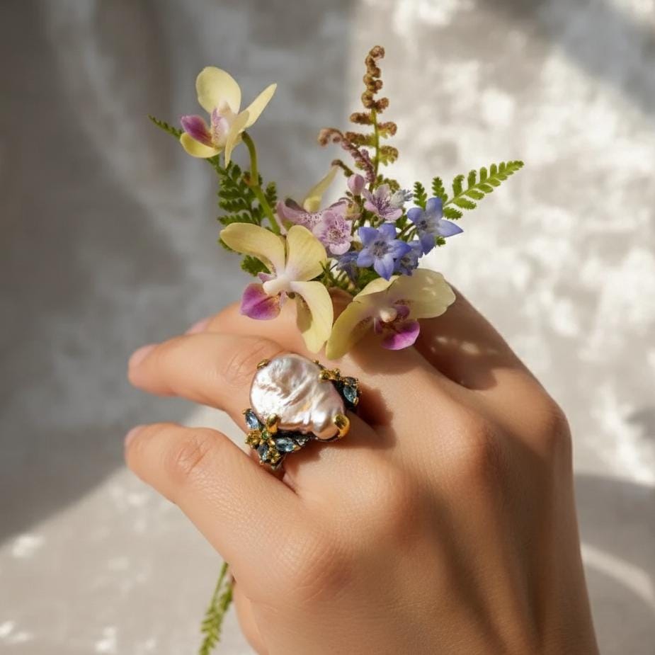 925 Sterling Silver Peach Pearl Ring, texture close-up