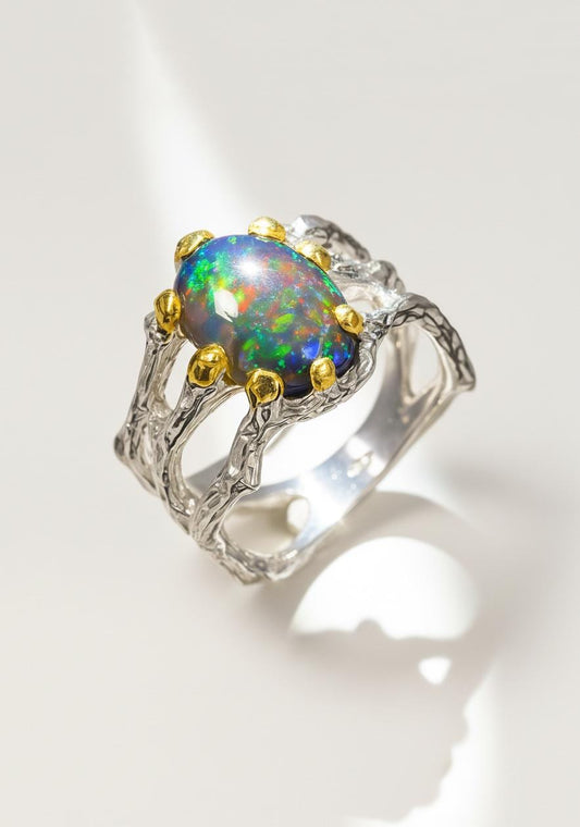 925 Sterling Silver Black Opal Branch Ring