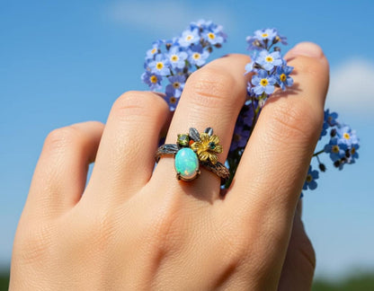 925 Sterling Silver Fire Opal Flower Ring