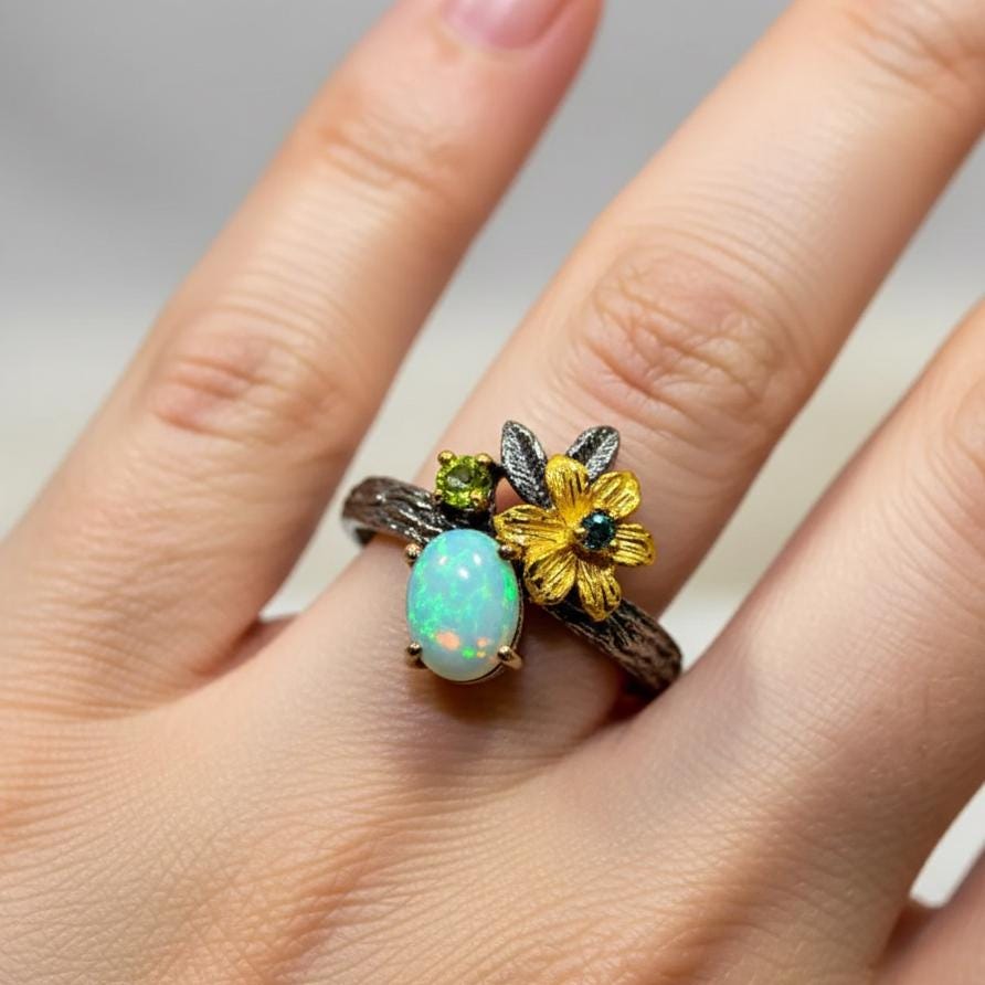 925 Sterling Silver Fire Opal Flower Ring
