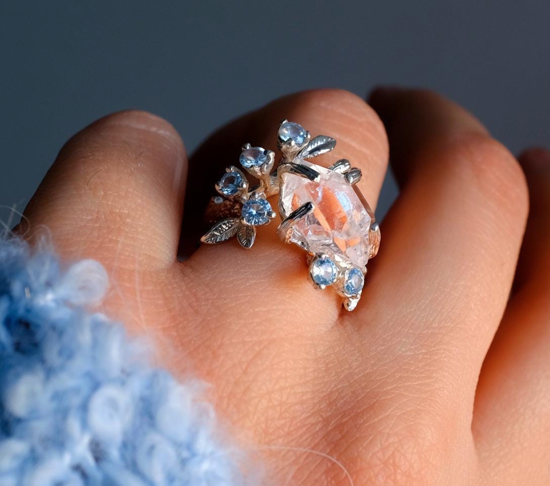 925 sterling silver raw herkimer diamond nature ring