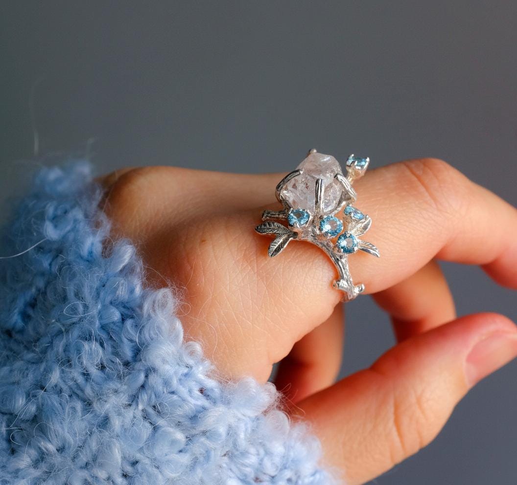 925 sterling silver raw herkimer diamond nature ring