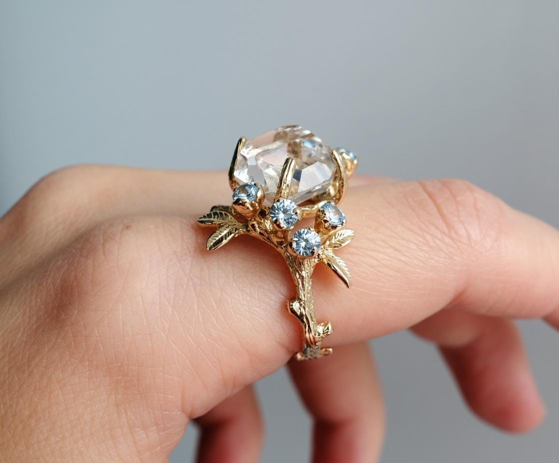 925 sterling silver raw herkimer diamond nature ring