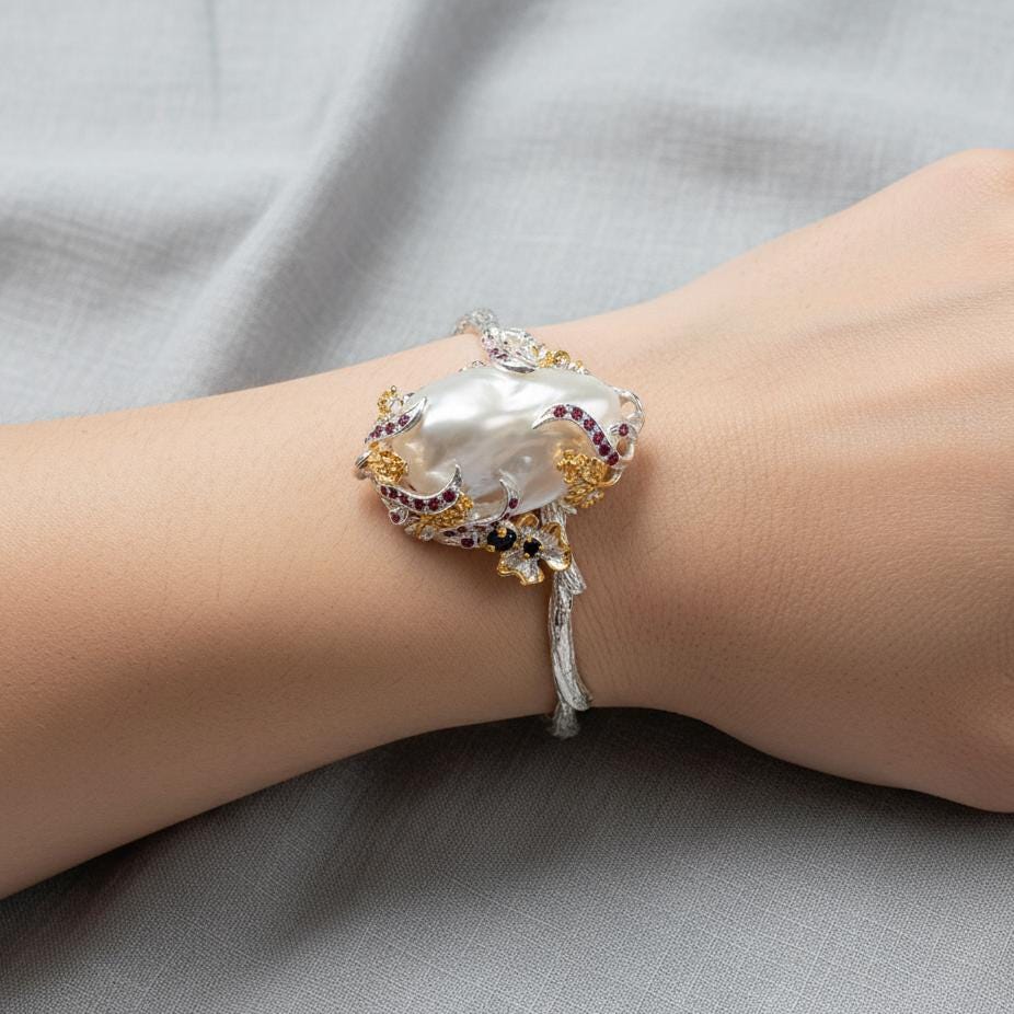 925 Sterling Silver Baroque Pearl Cuff Bracelet