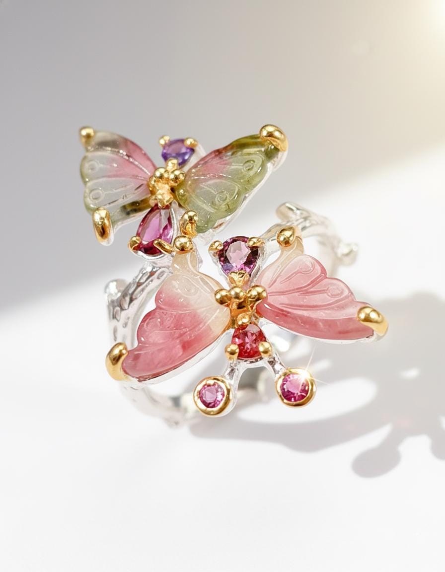 925 Sterling Silver Butterfly Tourmaline Ring