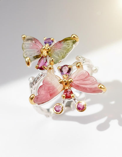 925 Sterling Silver Butterfly Tourmaline Ring
