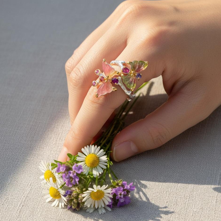 925 Sterling Silver Butterfly Tourmaline Ring
