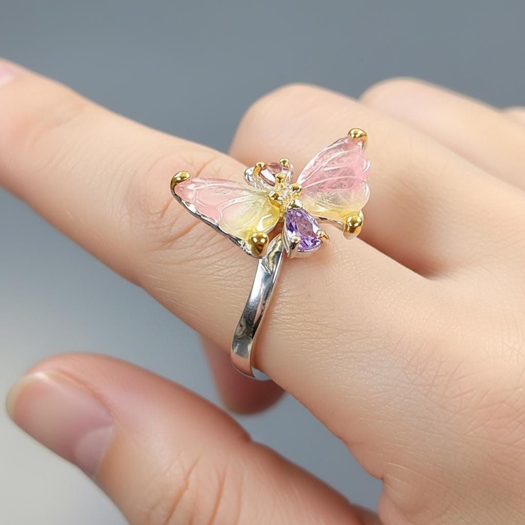 925 Sterling Silver Bicolor Tourmaline Butterfly Ring