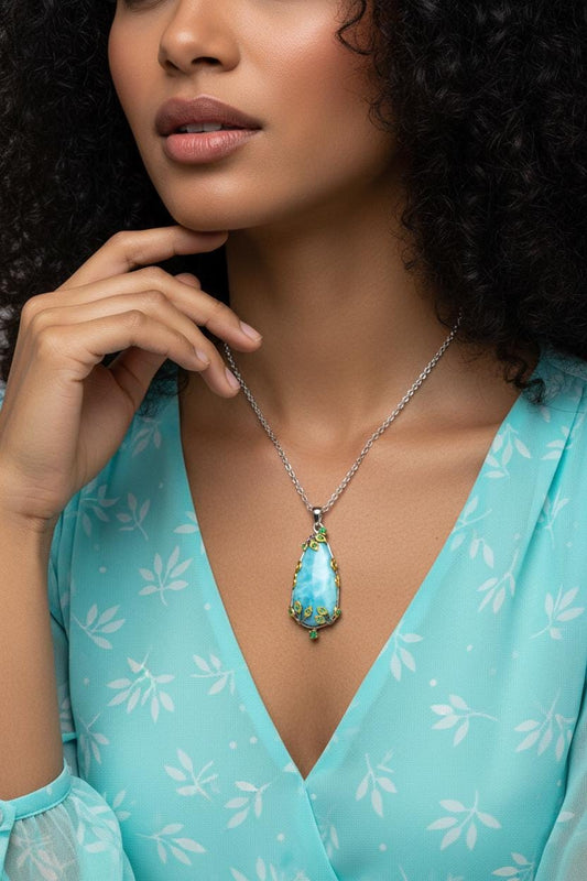 925 Sterling Silver Larimar Blue Statement Necklace
