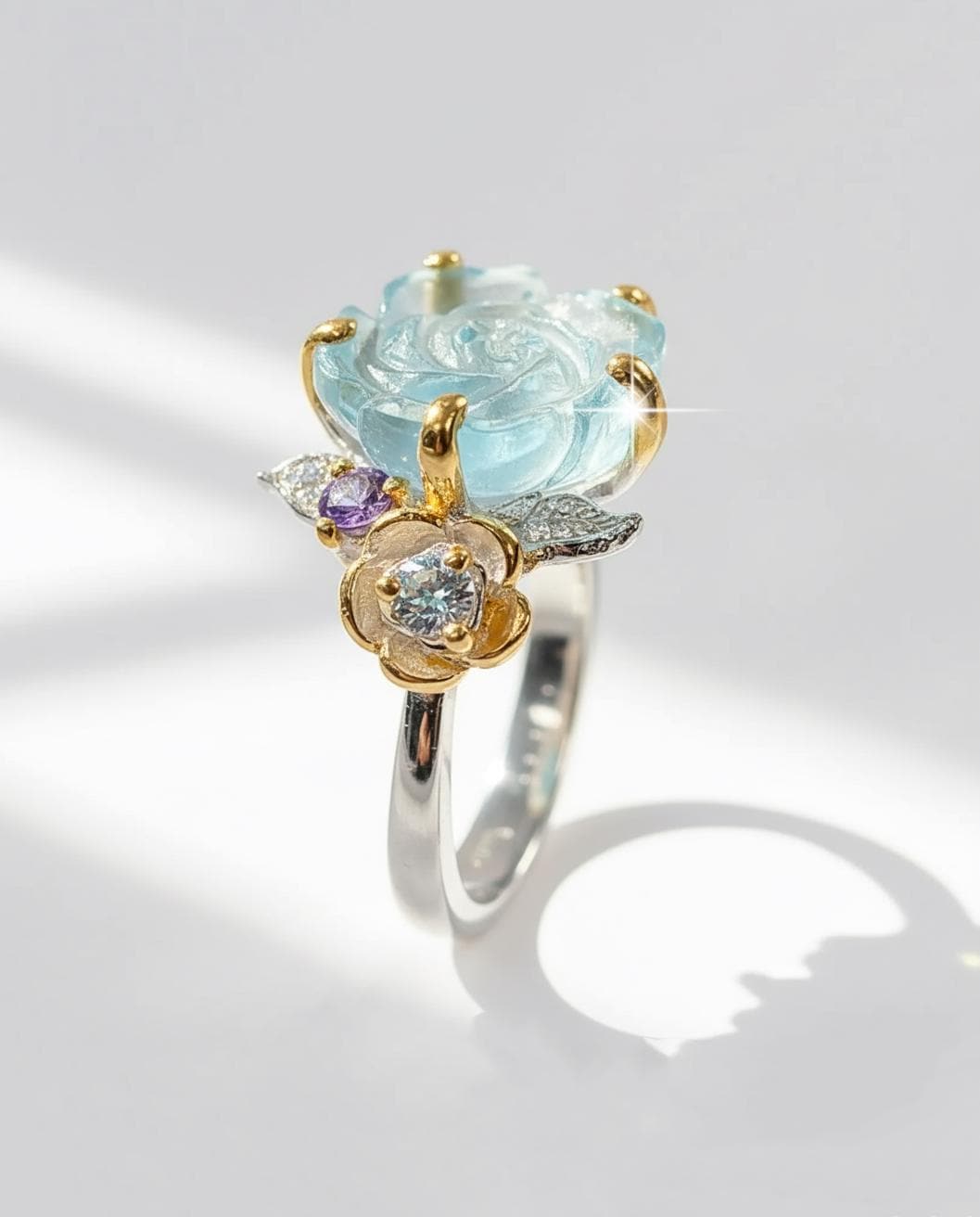 925 Sterling Silver Aquamarine Rose Promise Ring