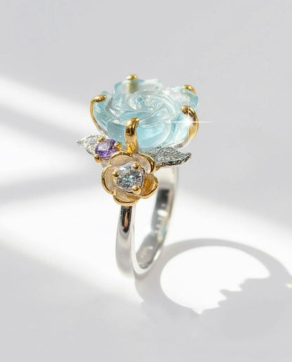 925 Sterling Silver Aquamarine Rose Promise Ring
