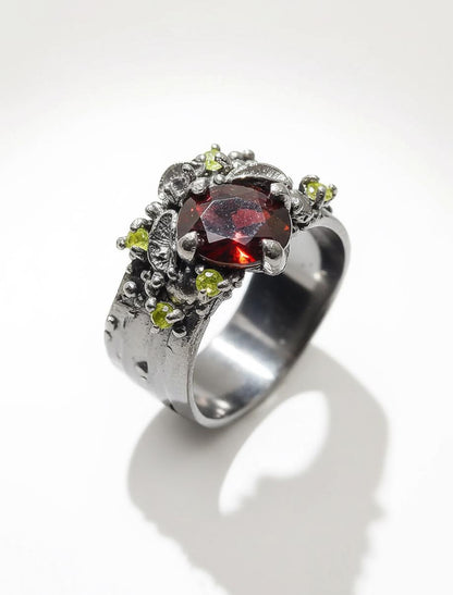 925 Sterling Silver Garnet Wide Band Ring