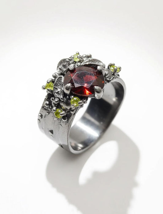 925 Sterling Silver Garnet Wide Band Ring