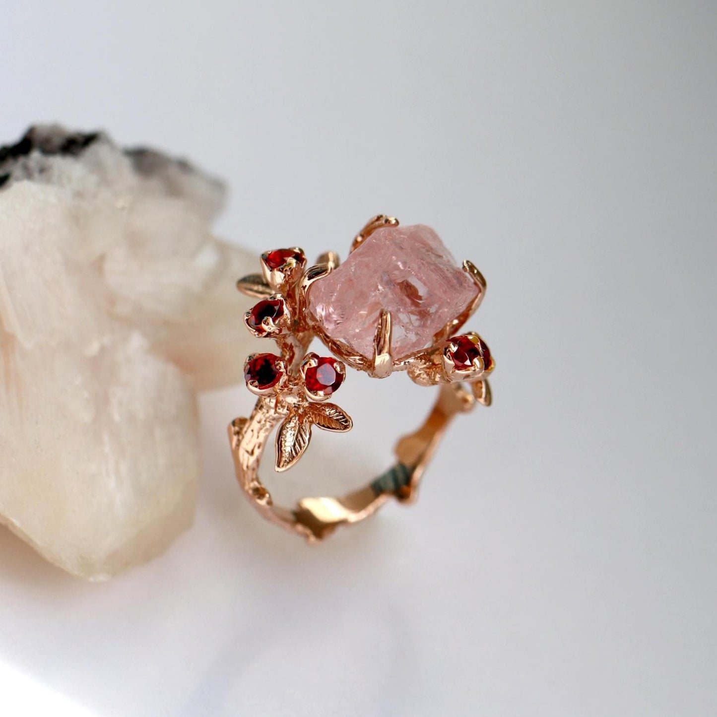 14-18K Solid Gold Raw Pink Morganite Engagement Ring