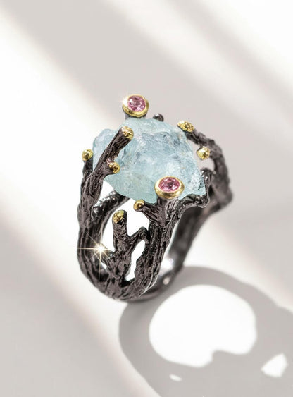 925 sterling silver aquamarine rough black ring