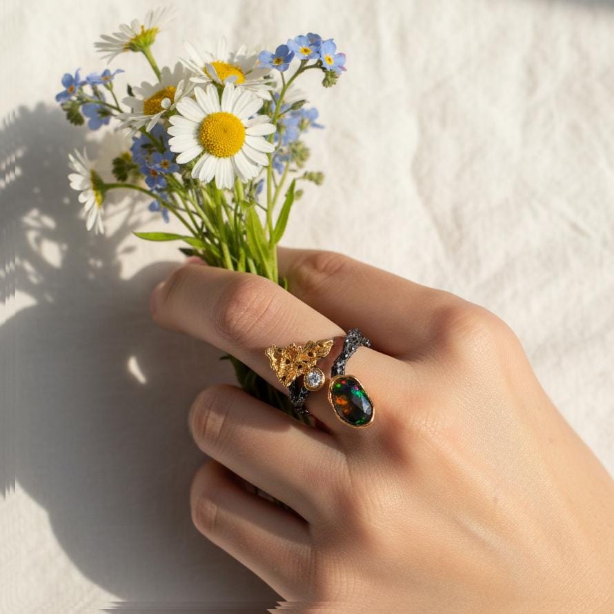 925 Sterling Silver Black Opal Leaf Ring