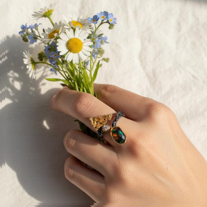 925 Sterling Silver Black Opal Leaf Ring