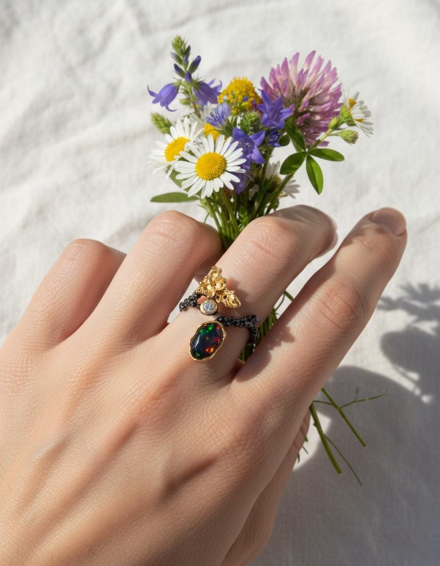 925 Sterling Silver Black Opal Leaf Ring