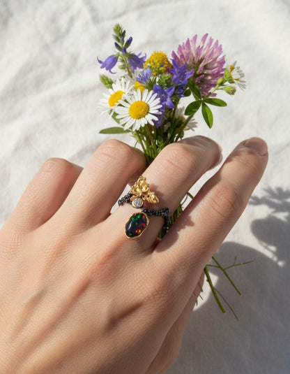 925 Sterling Silver Black Opal Leaf Ring