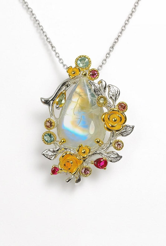 925 Sterling Silver Moonstone Floral Pendant
