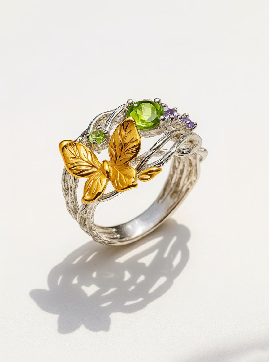 925 sterling silver butterfly peridot ring set
