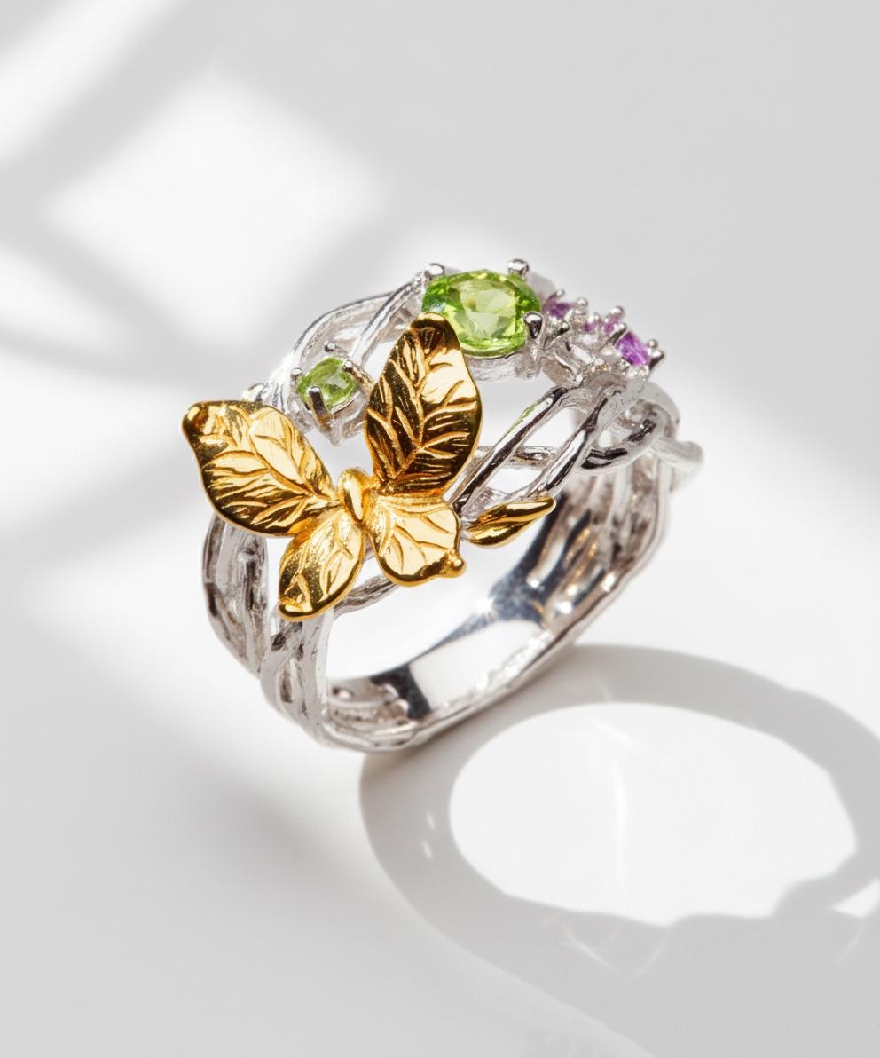925 sterling silver butterfly peridot ring set