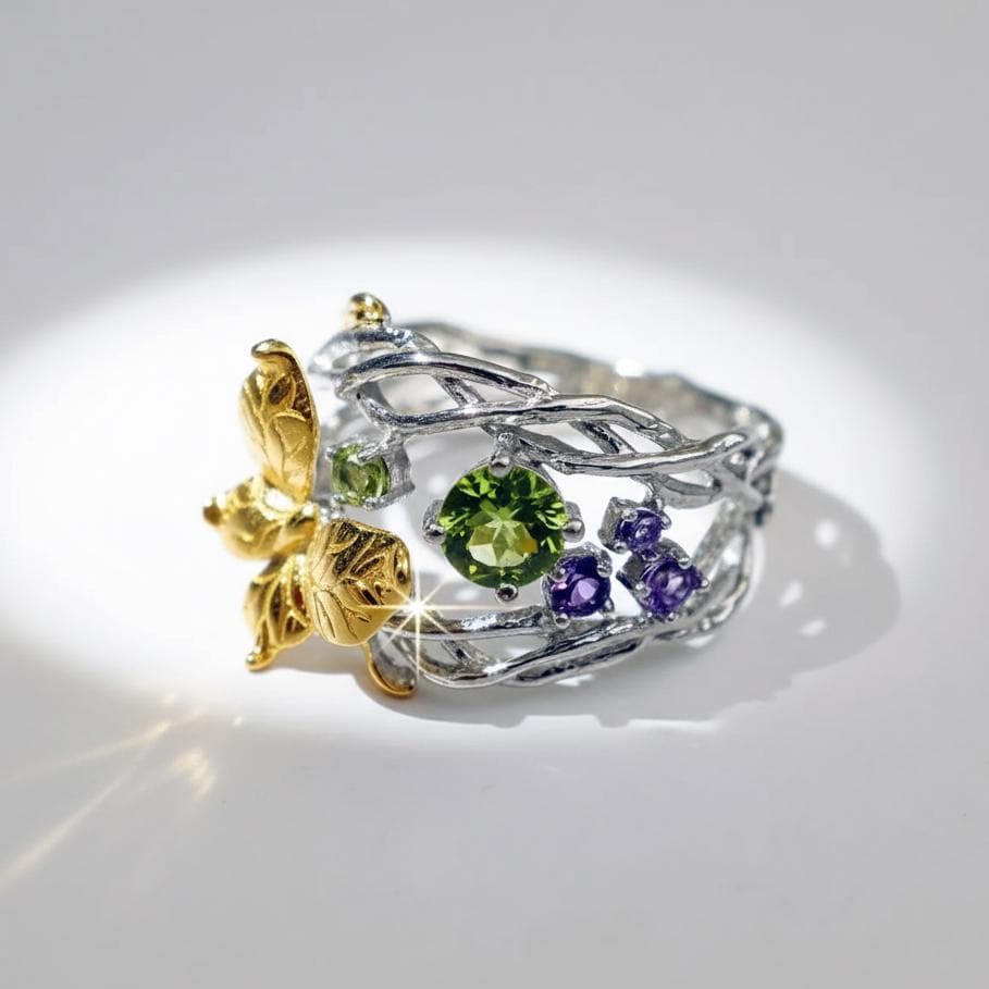 925 sterling silver butterfly peridot ring set