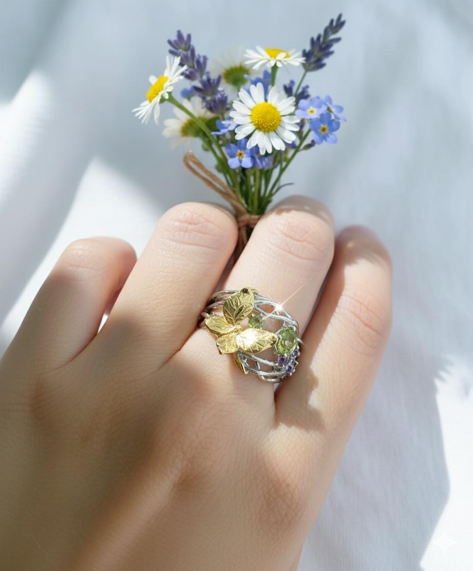 925 sterling silver butterfly peridot ring set